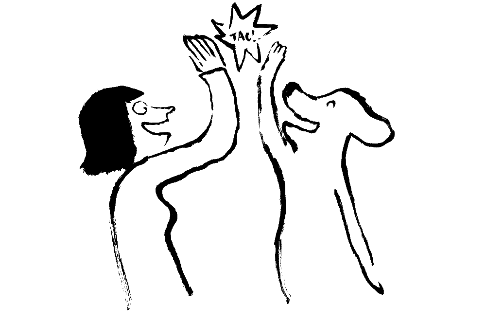 Illustration of woman and dog high-fiving
