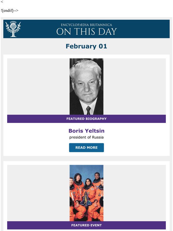 Space shuttle Columbia destroyed, Boris Yeltsin is featured, and more from Britannica