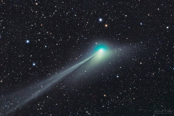 A photo of a comet streaking across a star-studded sky. The top half of the comet’s coma shines in a brilliant green-blue; the lower part is a dusty yellow. Its tail, which looks like a cosmic contrail, is so long that it doesn’t entirely fit into the image.