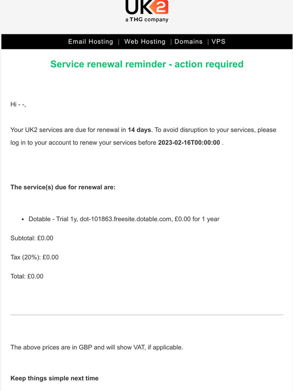Action required: your UK2 service renewal is due