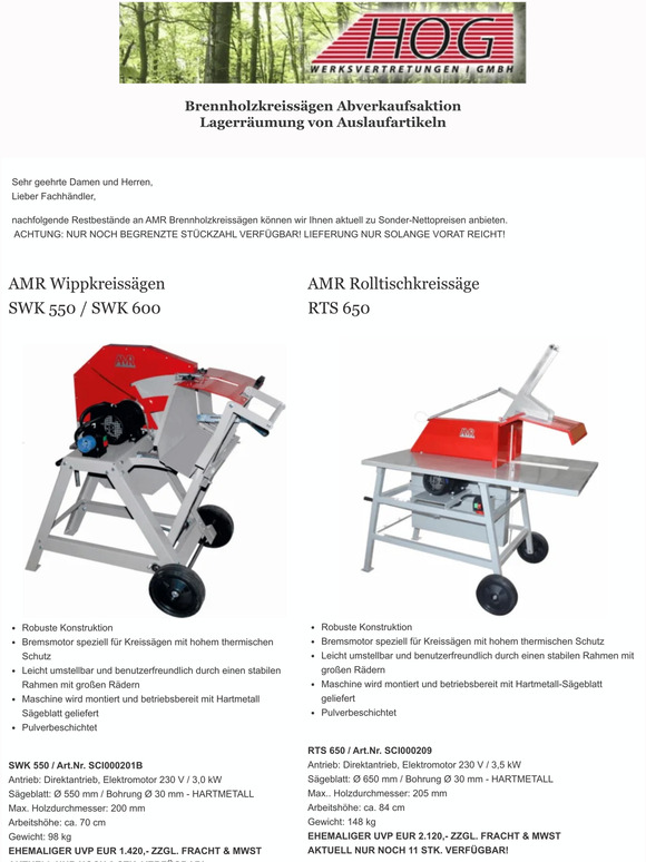Händlerinformation: Brennholzkreissägen Abverkaufsaktion, Lagerräumung von Auslaufartikeln