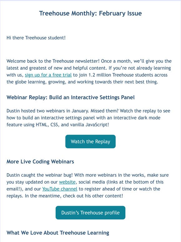 Live Coding Webinars, Anyone? | Treehouse February Newsletter