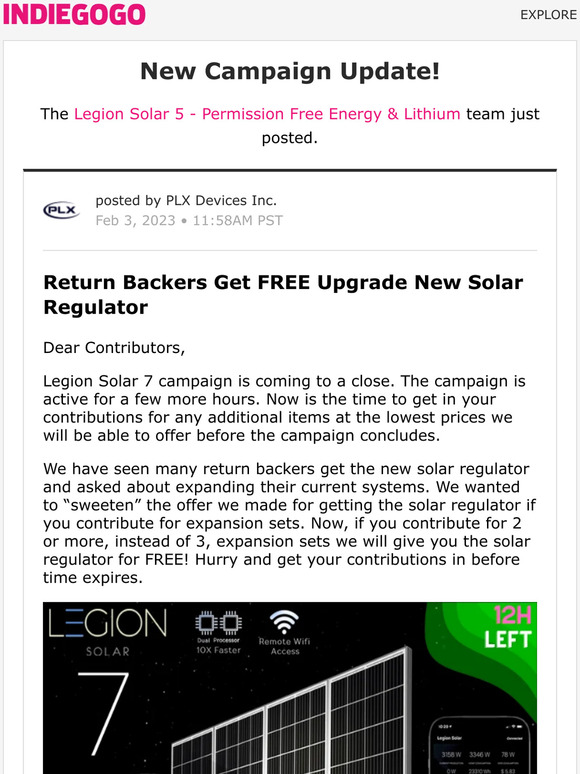 Indiegogo 📢 Update 18 from Legion Solar 5 Permission Free Energy