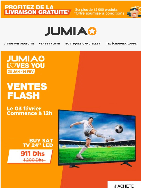 Jumia Nigeria 2 TV LED 24" à 911 DH, Pack sèchecheveux + lisseur à