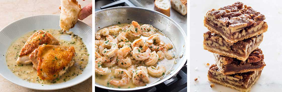 Sample of recipes from the special issue: Skillet-Roasted Chicken in Lemon Sauce, Shrimp Scampi, Ultranutty Pecan Bars