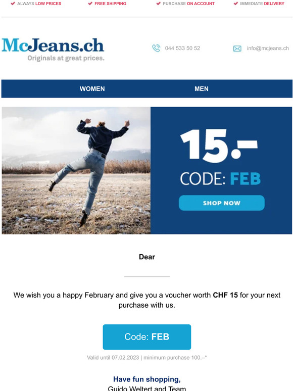 👖 CHF 15.– discount in February – McJeans.ch – free shipping