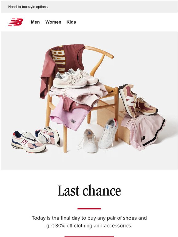 Final day: 30% off apparel and accessories with purchase of any shoe.