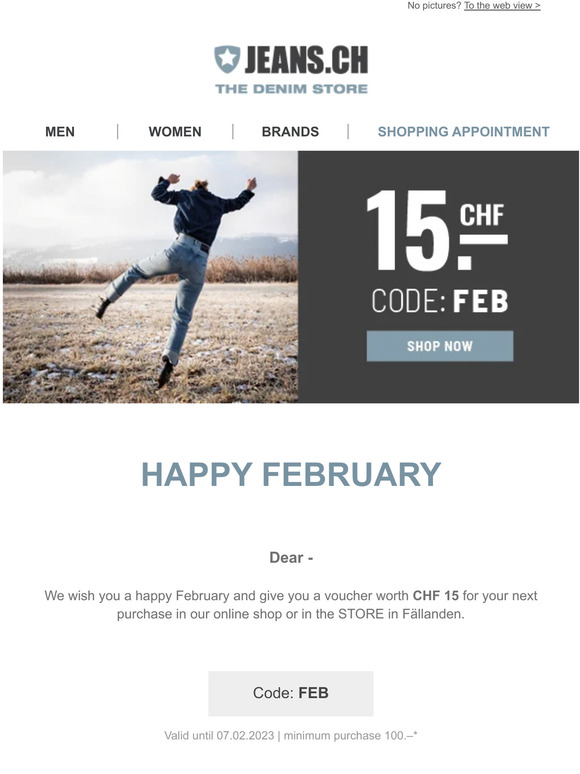 Last Day! 👖 CHF 15.– discount in February – JEANS.CH – free shipping