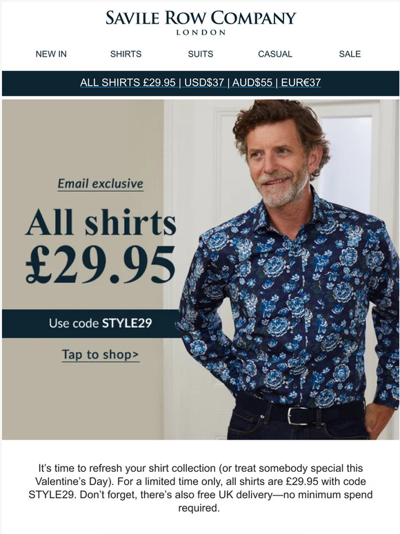Don’t miss free UK delivery & all shirts £29.95
