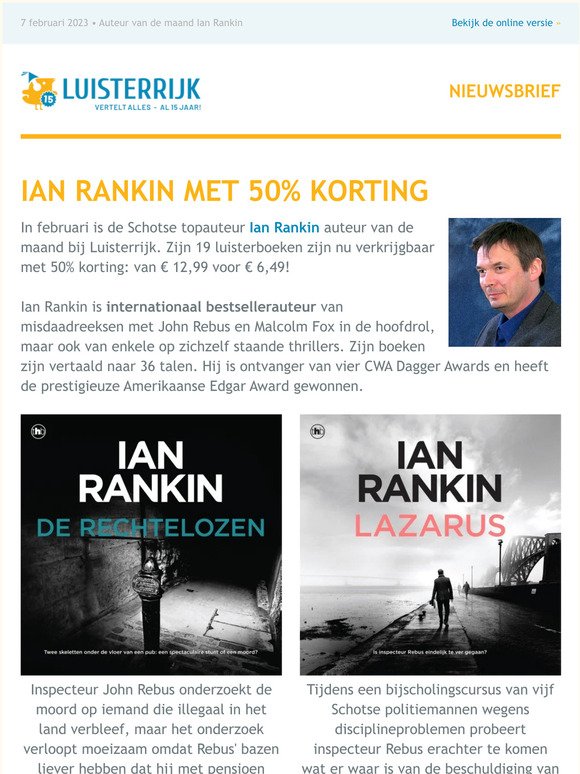 Bestsellerauteur Ian Rankin is auteur van de maand: al zijn luisterboeken met 50% korting!