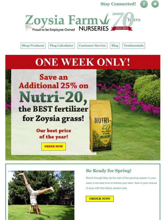 Zoysia Farm Nurseries 48 Hours Left to Save Additional 25 on Nutri20