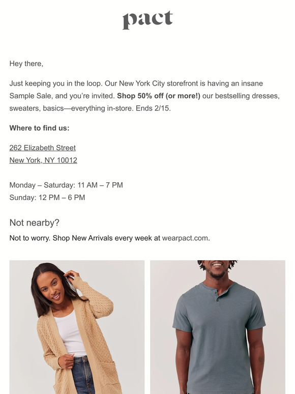 PACT Apparel, Inc. NYC Sample Sale is happening! Milled