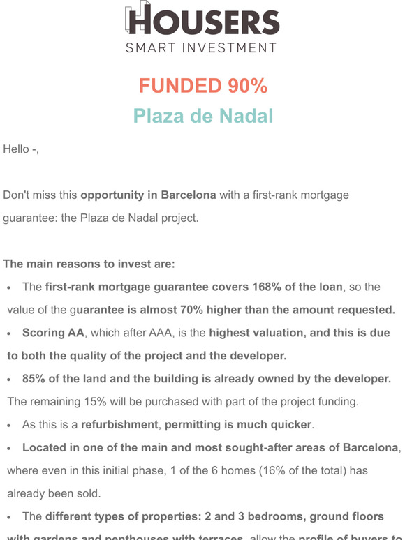 ⏱ Funded 90% Plaza de Nadal project with a 168% first-rank mortgage guarantee