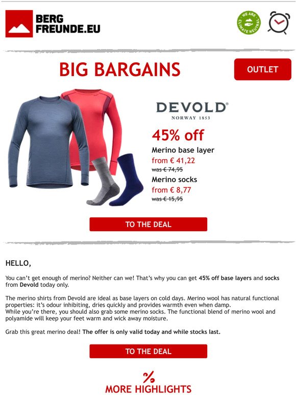 🐑 Today only: 45% off Devold merino base layers and socks