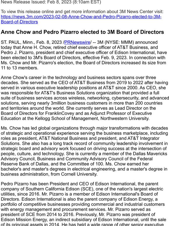 Anne Chow and Pedro Pizarro elected to 3M Board of Directors