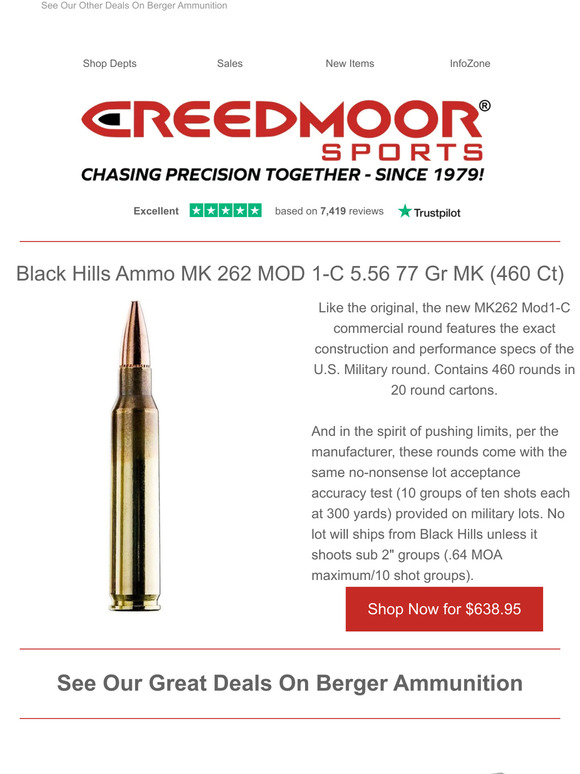 Creedmoor Sports: IN STOCK! Black Hills MK 262 MOD 1-C 5.56 77 GR MK ...