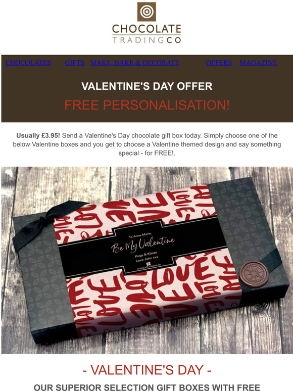 Valentine's Offer - Free Personalisation on Chocolate Gift Boxes