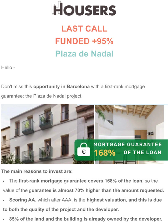 ⏱ ⏱ LAST CALL funded +95% Plaza de Nadal project with a 168% first-rank mortgage guarantee