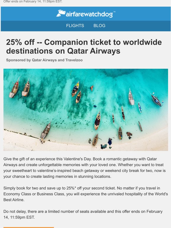 25% off -- Companion ticket to worldwide destinations on Qatar Airways