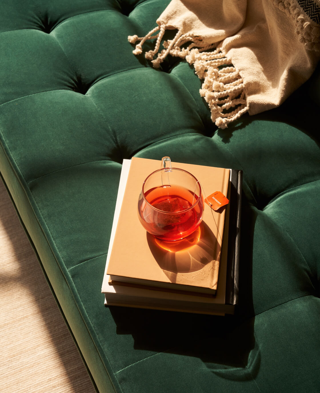 Close up of a book and a cup of tea on the Monroe sofa