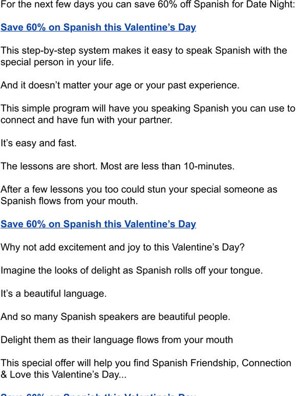 60% on Spanish this Valentine’s Day - 60% off Spanish Friendship, Connection & Love