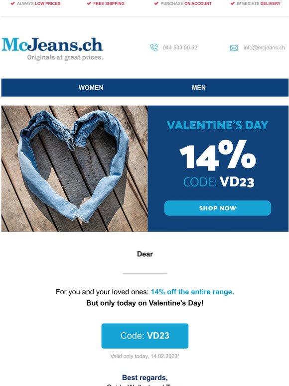 Only few hours left! ❤️ 14% off – Happy Valentine ❤️ – McJeans.ch – free shipping