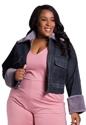 Tina Women's Plus Size Zip Up Faux Fur Trim Trucker Jacket