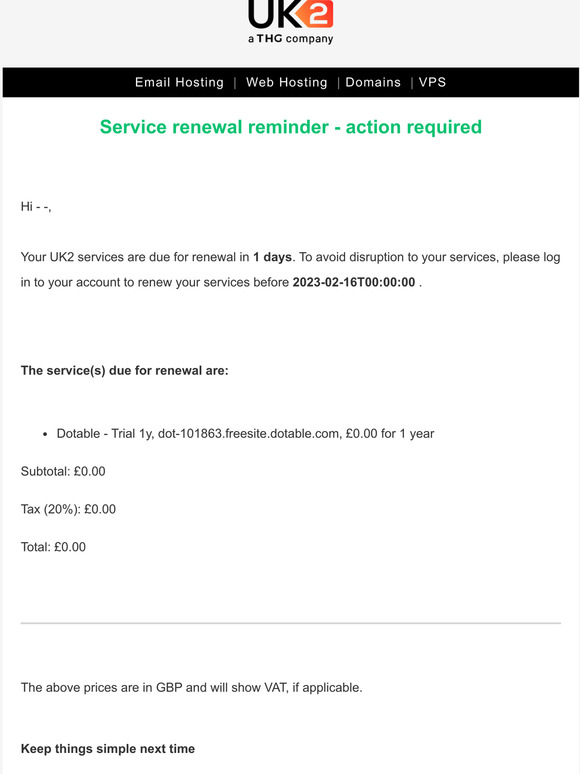 Action required: your UK2 service renewal is due
