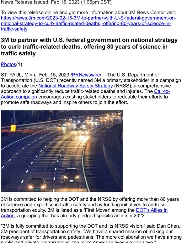 3M to partner with U.S. federal government on national strategy to curb traffic-related deaths, offering 80 years of science in traffic safety