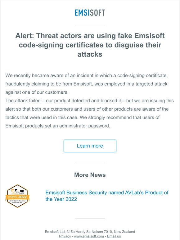 Alert: Threat actors are using fake Emsisoft code-signing certificates to disguise their attacks