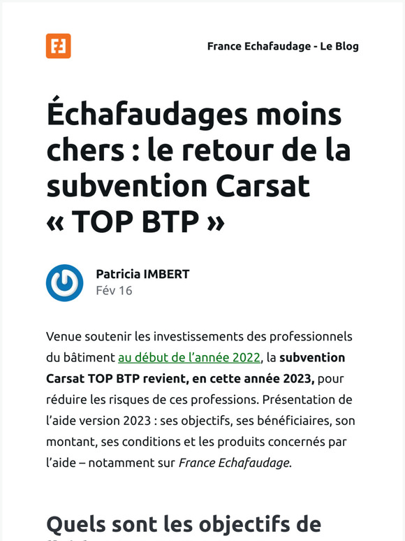 [Nouvel article] Échafaudages moins chers : le retour de la subvention Carsat « TOP BTP »