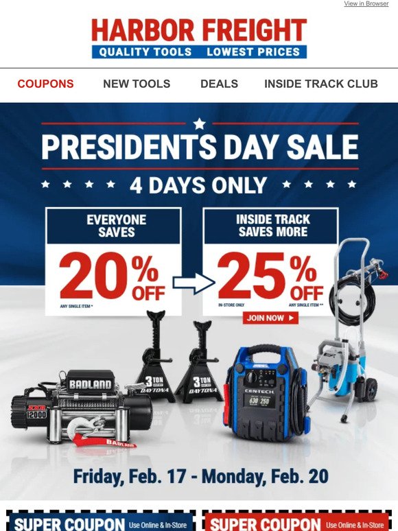 Harbor Freight Tools 20 Off Coupon (25 For Inside Track Club!) For A