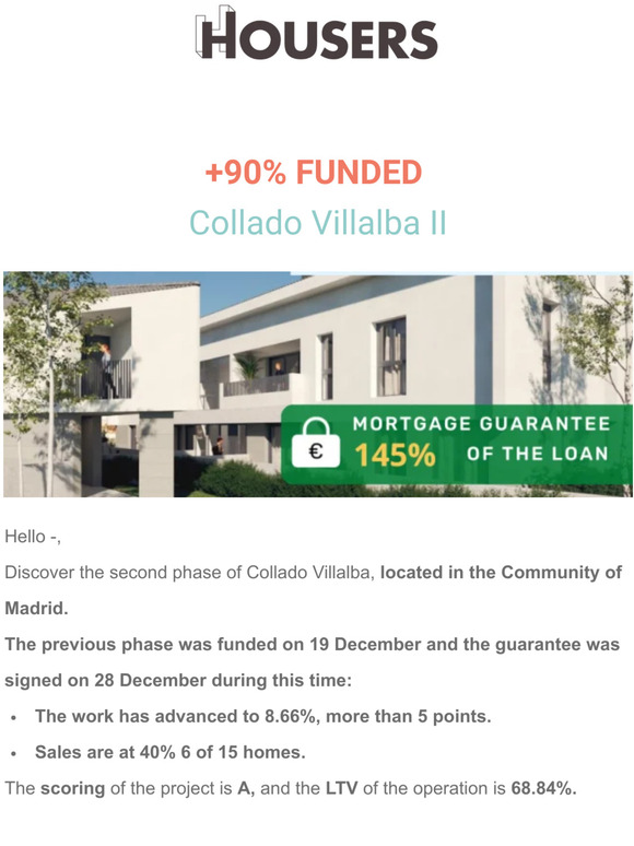⏱ +90% funded Collado Villalba II, 40% sold and profitability 12.75%.