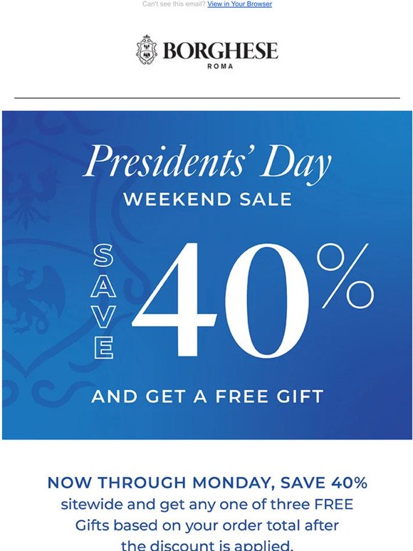 Presidents' Day Sale Save 40% Sitewide