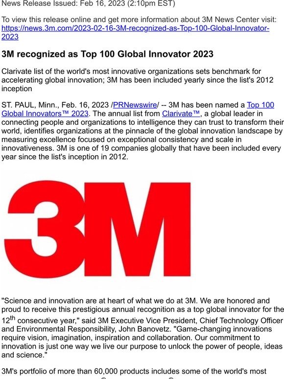 3M recognized as Top 100 Global Innovator 2023