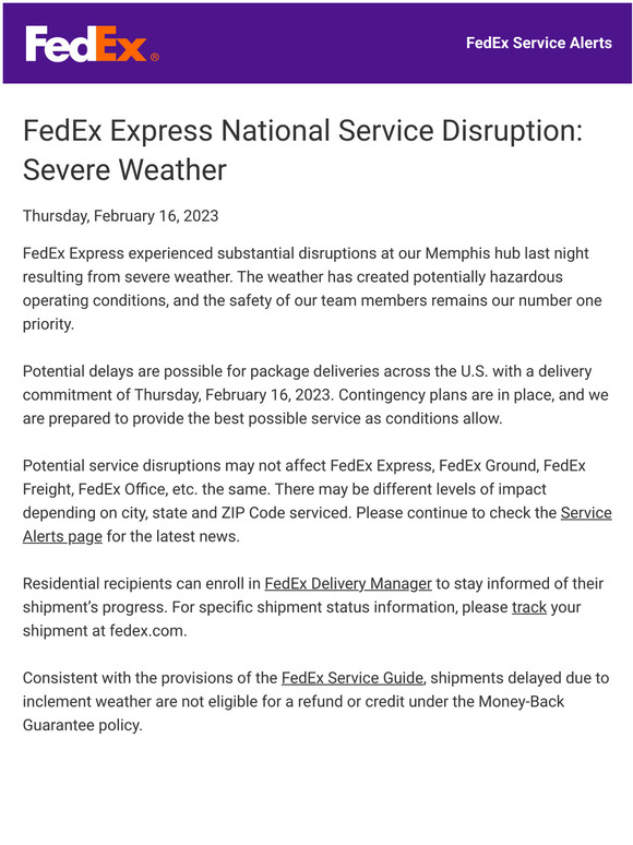 FedEx Office FedEx Express National Service Disruption Severe Weather