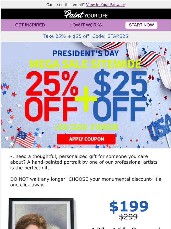 ⭐ 25% + $25 OFF President's Day Sale ⭐
