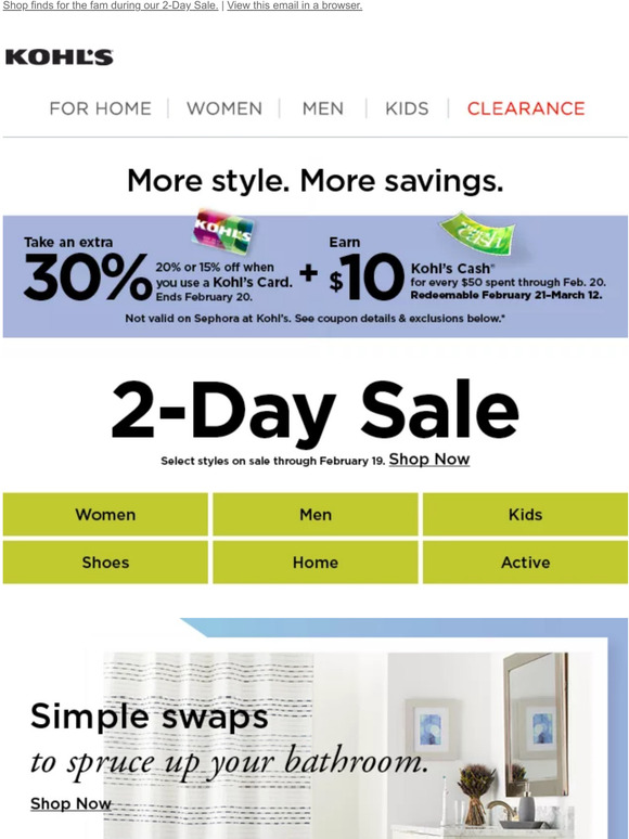 Kohl's Take 30, 20 or 15 off! Plus, earn Kohl's Cash for a little extra. Milled