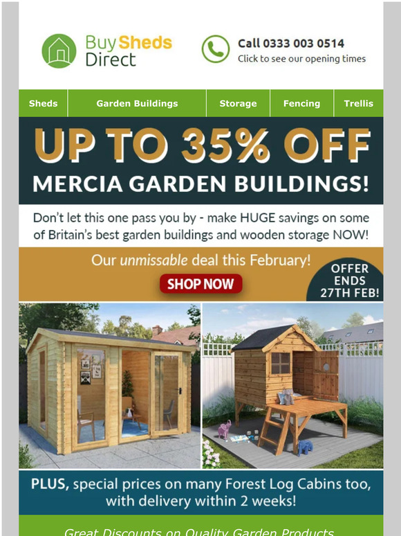 Up to 35% off Mercia Garden Buildings! Offer Ends 27th Feb!