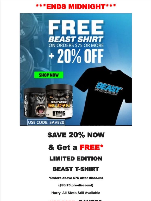 Giveaway ends midnight: FREE Beast Shirt