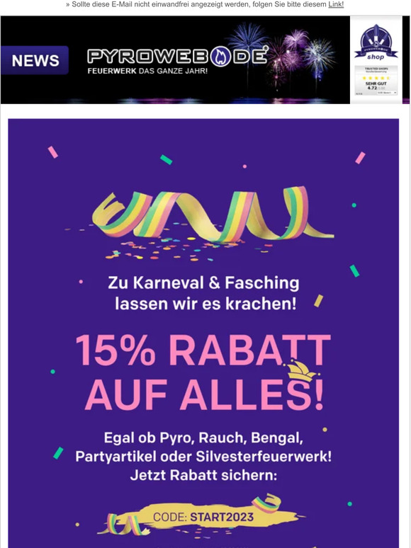 Nur noch bis morgen: 15% Rabatt auf Pyro, Rauch, Bengal und Feuerwerk!