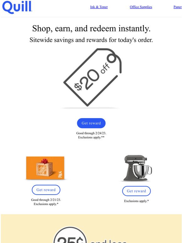 The Rewards Add Up = 25¢ and Less Deals + $20 Off