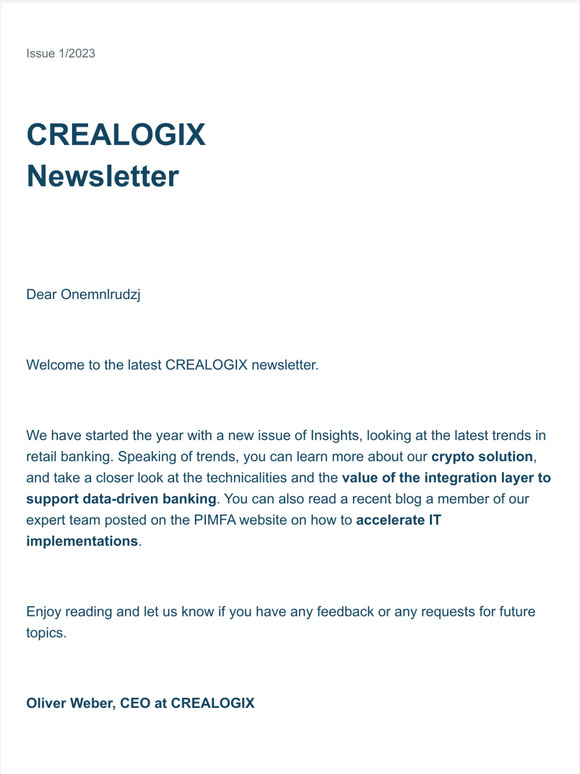 ✉️ CREALOGIX Newsletter | Learn more about crypto, integration layer, retail banking & more