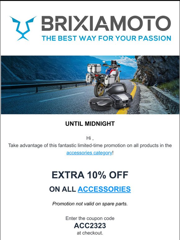 Motorcycle accessories: 10% EXTRA until midnight