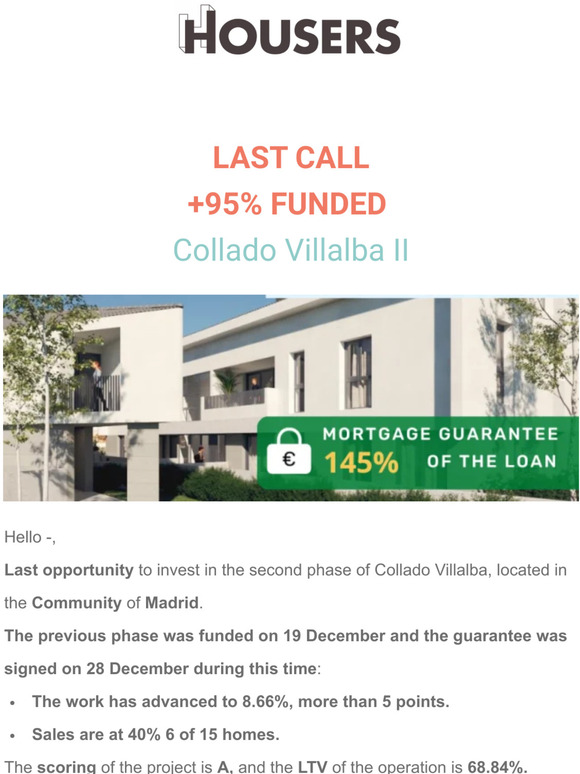 ⏱ LAST CALL Collado Villalba II +95% funded with 40% sold and profitability 12.75%.