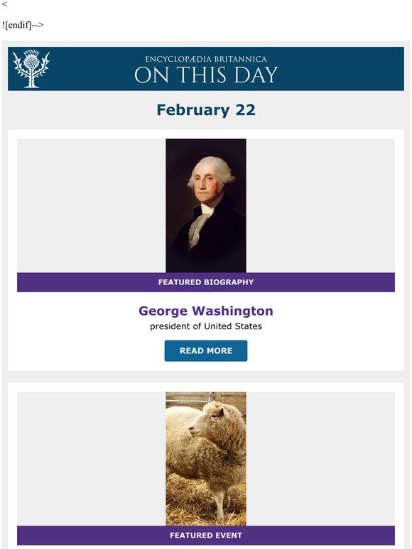 Cloning of Dolly, George Washington is featured, and more from Britannica
