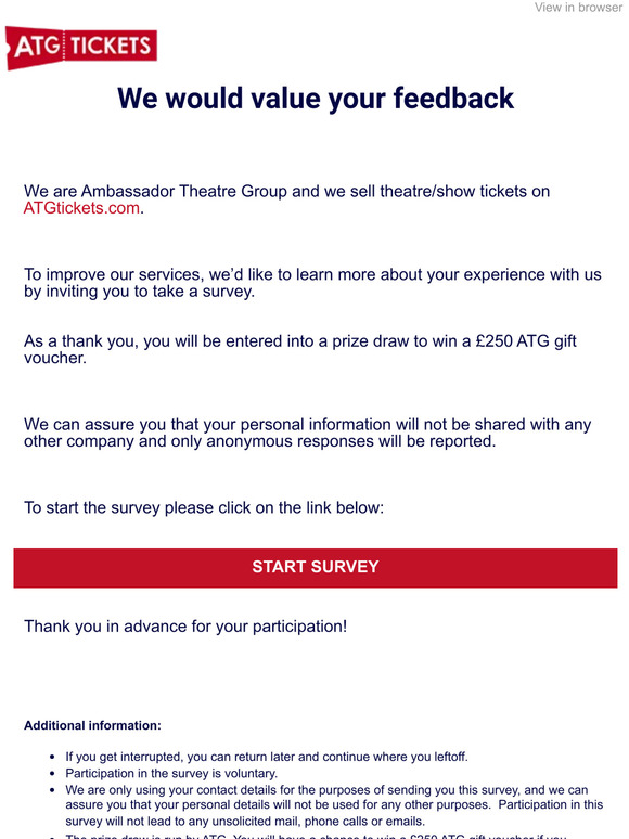 For a chance to win a £250 ATG gift voucher come take our survey 