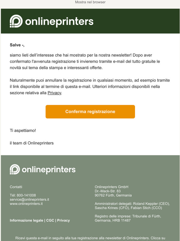 Conferma subito la registrazione alla newsletter