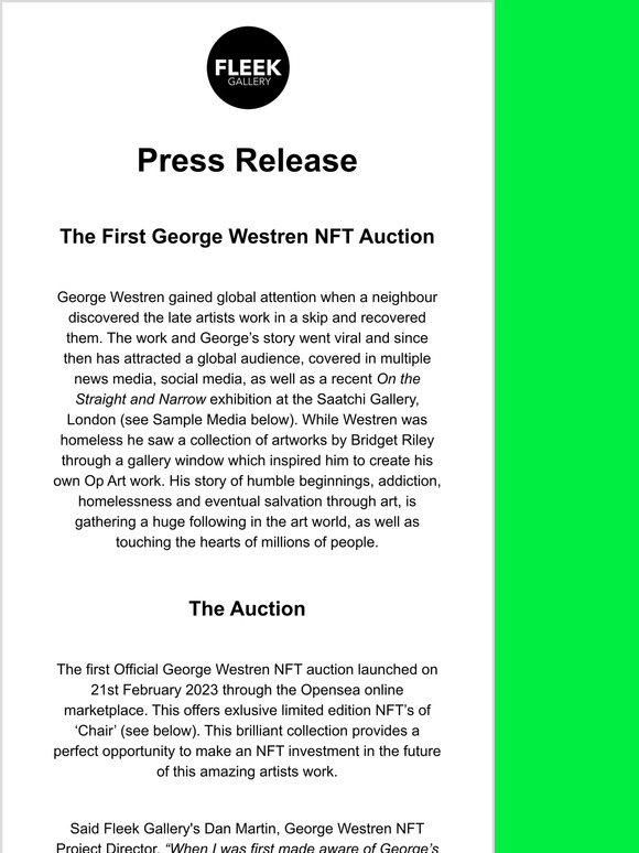 Press Release - Announcing Launch of Official George Westren NFT