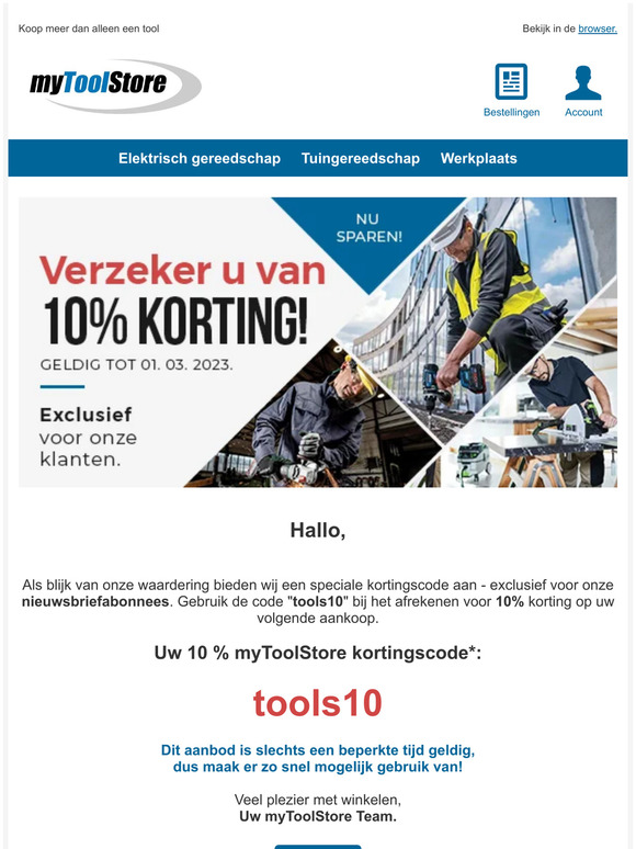 ✅ Uw 10% myToolStore coupon 🔝